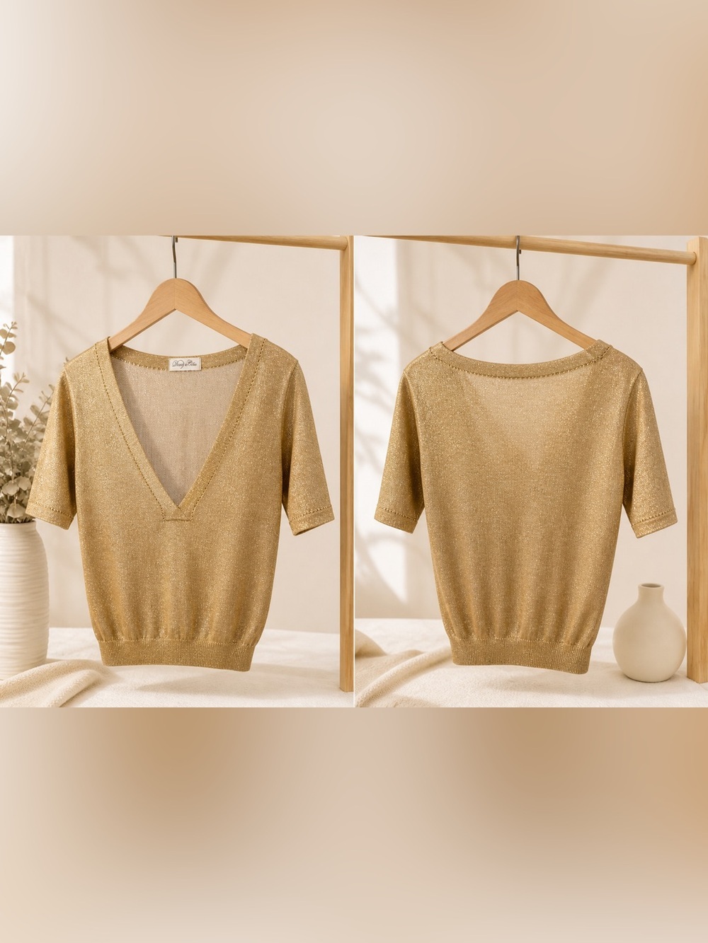 Doce de Coco Metallic Gold V-Neck Knit Top - Size L - Made in Brazil